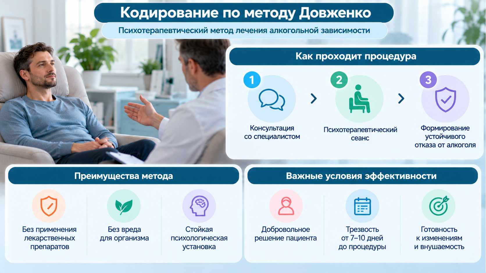 Кодирование по методу Довженко — этапы и особенности психотерапии. Инфографика о кодировании по методу Довженко: консультация психотерапевта, проведение сеанса, формирование мотивации к отказу от алкоголя и условия применения метода.